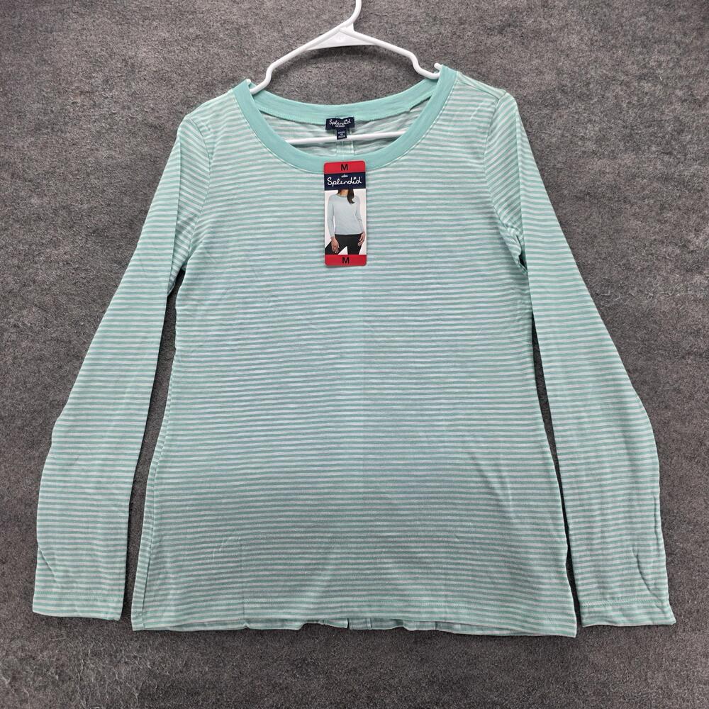 Splendid T-Shirt Womens M Green Striped Crew Neck Long Sleeve Jersey Button Back